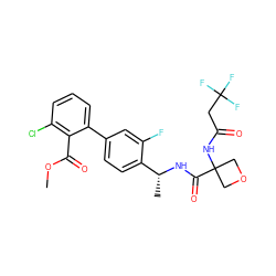 COC(=O)c1c(Cl)cccc1-c1ccc([C@@H](C)NC(=O)C2(NC(=O)CC(F)(F)F)COC2)c(F)c1 ZINC000169710364