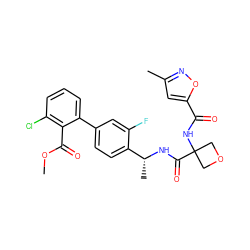 COC(=O)c1c(Cl)cccc1-c1ccc([C@@H](C)NC(=O)C2(NC(=O)c3cc(C)no3)COC2)c(F)c1 ZINC000169710369