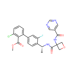 COC(=O)c1c(Cl)cccc1-c1ccc([C@@H](C)NC(=O)C2(NC(=O)c3cncnc3)COC2)c(F)c1 ZINC000169710363