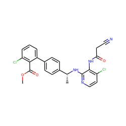 COC(=O)c1c(Cl)cccc1-c1ccc([C@@H](C)Nc2nccc(Cl)c2NC(=O)CC#N)cc1 ZINC000028635740