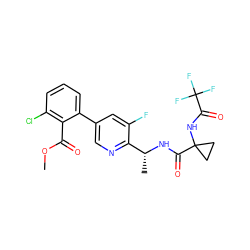 COC(=O)c1c(Cl)cccc1-c1cnc([C@@H](C)NC(=O)C2(NC(=O)C(F)(F)F)CC2)c(F)c1 ZINC000028822449