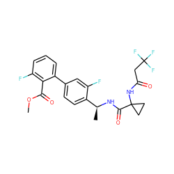 COC(=O)c1c(F)cccc1-c1ccc([C@H](C)NC(=O)C2(NC(=O)CC(F)(F)F)CC2)c(F)c1 ZINC000038481383