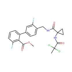 COC(=O)c1c(F)cccc1-c1ccc(CNC(=O)C2(NC(=O)C(C)(Cl)Cl)CC2)c(F)c1 ZINC000035090716