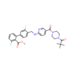 COC(=O)c1c(F)cccc1-c1ccc(CNc2ccc(C(=O)N3CCN(C(=O)C(C)(C)C)CC3)cn2)c(F)c1 ZINC000036161648