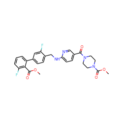 COC(=O)c1c(F)cccc1-c1ccc(CNc2ccc(C(=O)N3CCN(C(=O)OC)CC3)cn2)c(F)c1 ZINC000036161654