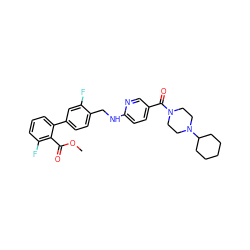 COC(=O)c1c(F)cccc1-c1ccc(CNc2ccc(C(=O)N3CCN(C4CCCCC4)CC3)cn2)c(F)c1 ZINC000036161516