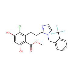 COC(=O)c1c(O)cc(O)c(Cl)c1CCc1nccn1Cc1ccccc1C(F)(F)F ZINC000653878739