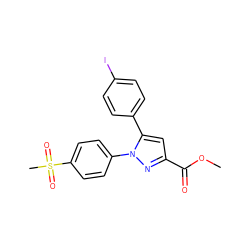 COC(=O)c1cc(-c2ccc(I)cc2)n(-c2ccc(S(C)(=O)=O)cc2)n1 ZINC000066111952