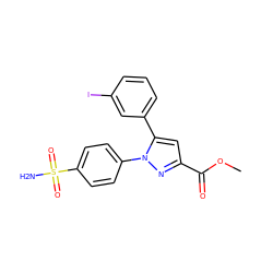 COC(=O)c1cc(-c2cccc(I)c2)n(-c2ccc(S(N)(=O)=O)cc2)n1 ZINC000066066521