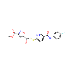 COC(=O)c1cc(C(=O)CSc2ccc(C(=O)Nc3ccc(F)cc3)cn2)on1 ZINC000261192080