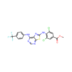 COC(=O)c1cc(Cl)c(Nc2nc3c(Nc4ccc(C(F)(F)F)cc4)ncnc3s2)c(Cl)c1 ZINC000042852462