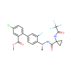 COC(=O)c1cc(Cl)ccc1-c1ccc([C@@H](C)NC(=O)C2(NC(=O)C(F)(F)F)CC2)c(F)c1 ZINC000028822398