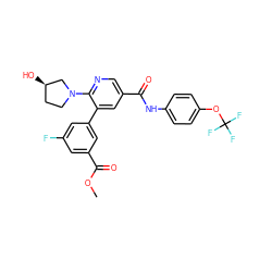 COC(=O)c1cc(F)cc(-c2cc(C(=O)Nc3ccc(OC(F)(F)F)cc3)cnc2N2CC[C@@H](O)C2)c1 ZINC001772609051