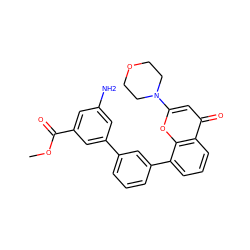 COC(=O)c1cc(N)cc(-c2cccc(-c3cccc4c(=O)cc(N5CCOCC5)oc34)c2)c1 ZINC000101172152