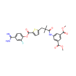 COC(=O)c1cc(NC(=O)C(C)(C)Cc2ccc(C(=O)Oc3ccc(C(=N)N)cc3F)s2)cc(C(=O)OC)c1 ZINC000261173552