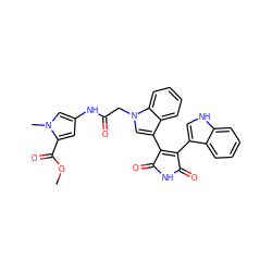 COC(=O)c1cc(NC(=O)Cn2cc(C3=C(c4c[nH]c5ccccc45)C(=O)NC3=O)c3ccccc32)cn1C ZINC000013604194