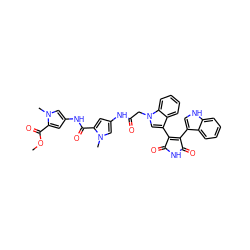 COC(=O)c1cc(NC(=O)c2cc(NC(=O)Cn3cc(C4=C(c5c[nH]c6ccccc56)C(=O)NC4=O)c4ccccc43)cn2C)cn1C ZINC000025997015