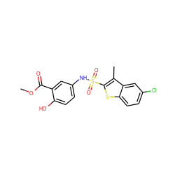 COC(=O)c1cc(NS(=O)(=O)c2sc3ccc(Cl)cc3c2C)ccc1O ZINC000114592975