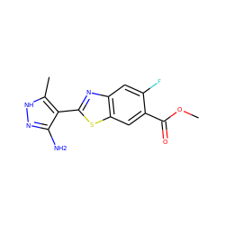 COC(=O)c1cc2sc(-c3c(N)n[nH]c3C)nc2cc1F ZINC000114398140