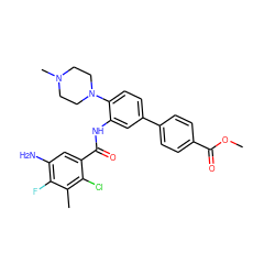 COC(=O)c1ccc(-c2ccc(N3CCN(C)CC3)c(NC(=O)c3cc(N)c(F)c(C)c3Cl)c2)cc1 ZINC001772635860