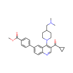 COC(=O)c1ccc(-c2ccc3ncc(C(=O)C4CC4)c(N4CCC(CN(C)C)CC4)c3c2)cc1 ZINC000219358068