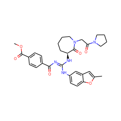 COC(=O)c1ccc(C(=O)/N=C(\Nc2ccc3oc(C)cc3c2)N[C@H]2CCCCN(CC(=O)N3CCCC3)C2=O)cc1 ZINC000049722532