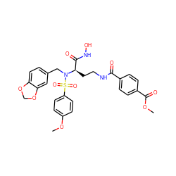 COC(=O)c1ccc(C(=O)NCC[C@H](C(=O)NO)N(Cc2ccc3c(c2)OCO3)S(=O)(=O)c2ccc(OC)cc2)cc1 ZINC000026183710