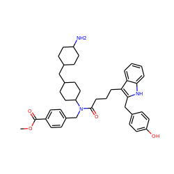 COC(=O)c1ccc(CN(C(=O)CCCc2c(Cc3ccc(O)cc3)[nH]c3ccccc23)C2CCC(CC3CCC(N)CC3)CC2)cc1 ZINC000028825986