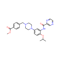 COC(=O)c1ccc(CN2CCN(c3ccc(OC(C)C)c(NC(=O)c4cnccn4)c3)CC2)cc1 ZINC000169346750