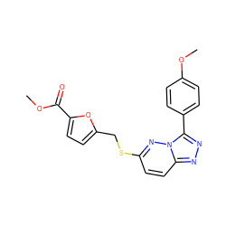 COC(=O)c1ccc(CSc2ccc3nnc(-c4ccc(OC)cc4)n3n2)o1 ZINC000004164994