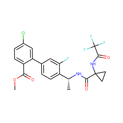 COC(=O)c1ccc(Cl)cc1-c1ccc([C@@H](C)NC(=O)C2(NC(=O)C(F)(F)F)CC2)c(F)c1 ZINC000028822400