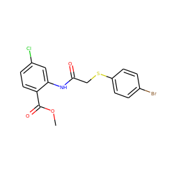 COC(=O)c1ccc(Cl)cc1NC(=O)CSc1ccc(Br)cc1 ZINC000096283165