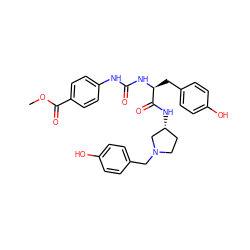 COC(=O)c1ccc(NC(=O)N[C@@H](Cc2ccc(O)cc2)C(=O)N[C@@H]2CCN(Cc3ccc(O)cc3)C2)cc1 ZINC000049867112