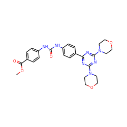 COC(=O)c1ccc(NC(=O)Nc2ccc(-c3nc(N4CCOCC4)nc(N4CCOCC4)n3)cc2)cc1 ZINC000045358032