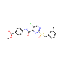 COC(=O)c1ccc(NC(=O)c2nc(S(=O)(=O)Cc3cccc(C)c3)ncc2Cl)cc1 ZINC000009207006