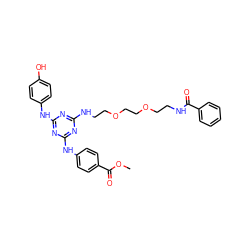 COC(=O)c1ccc(Nc2nc(NCCOCCOCCNC(=O)c3ccccc3)nc(Nc3ccc(O)cc3)n2)cc1 ZINC000198483304