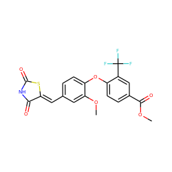 COC(=O)c1ccc(Oc2ccc(/C=C3\SC(=O)NC3=O)cc2OC)c(C(F)(F)F)c1 ZINC000066066633