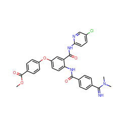 COC(=O)c1ccc(Oc2ccc(NC(=O)c3ccc(C(=N)N(C)C)cc3)c(C(=O)Nc3ccc(Cl)cn3)c2)cc1 ZINC000036126793