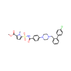 COC(=O)c1ccc(S(=O)(=O)NC(=O)c2ccc(N3CCN(Cc4ccccc4-c4ccc(Cl)cc4)CC3)cc2)n1C ZINC000116987092