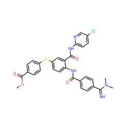 COC(=O)c1ccc(Sc2ccc(NC(=O)c3ccc(C(=N)N(C)C)cc3)c(C(=O)Nc3ccc(Cl)cn3)c2)cc1 ZINC000036126785