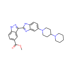 COC(=O)c1ccc2[nH]nc(-c3nc4cc(N5CCC(N6CCCCC6)CC5)ccc4[nH]3)c2c1 ZINC000036176890