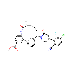 COC(=O)c1ccc2c(c1)-c1cccc(c1)[C@@H](N1CCC(c3c(C#N)ccc(Cl)c3F)=CC1=O)CCC[C@@H](C)C(=O)N2 ZINC000220125976