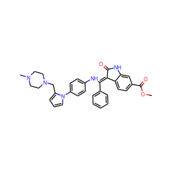 COC(=O)c1ccc2c(c1)NC(=O)/C2=C(\Nc1ccc(-n2cccc2CN2CCN(C)CC2)cc1)c1ccccc1 ZINC001772625571