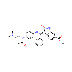 COC(=O)c1ccc2c(c1)NC(=O)/C2=C(\Nc1ccc(N(CCN(C)C)C(C)=O)cc1)c1ccccc1 ZINC000003936384