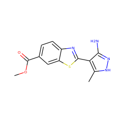 COC(=O)c1ccc2nc(-c3c(N)n[nH]c3C)sc2c1 ZINC000114397990