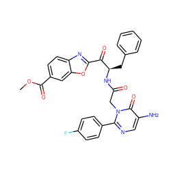 COC(=O)c1ccc2nc(C(=O)[C@@H](Cc3ccccc3)NC(=O)Cn3c(-c4ccc(F)cc4)ncc(N)c3=O)oc2c1 ZINC000028757236