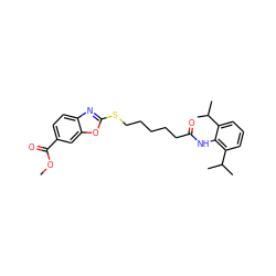 COC(=O)c1ccc2nc(SCCCCCC(=O)Nc3c(C(C)C)cccc3C(C)C)oc2c1 ZINC000197649782