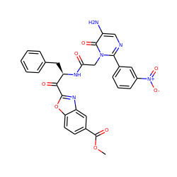 COC(=O)c1ccc2oc(C(=O)[C@@H](Cc3ccccc3)NC(=O)Cn3c(-c4cccc([N+](=O)[O-])c4)ncc(N)c3=O)nc2c1 ZINC000028757318