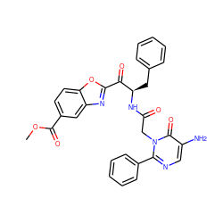 COC(=O)c1ccc2oc(C(=O)[C@@H](Cc3ccccc3)NC(=O)Cn3c(-c4ccccc4)ncc(N)c3=O)nc2c1 ZINC000028757421