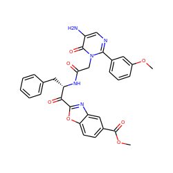 COC(=O)c1ccc2oc(C(=O)[C@H](Cc3ccccc3)NC(=O)Cn3c(-c4cccc(OC)c4)ncc(N)c3=O)nc2c1 ZINC000014096504